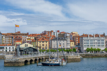Fototapeta premium Panoramic cityscape of Gijon with the marina and Bay of Biscay landscape, Spain
