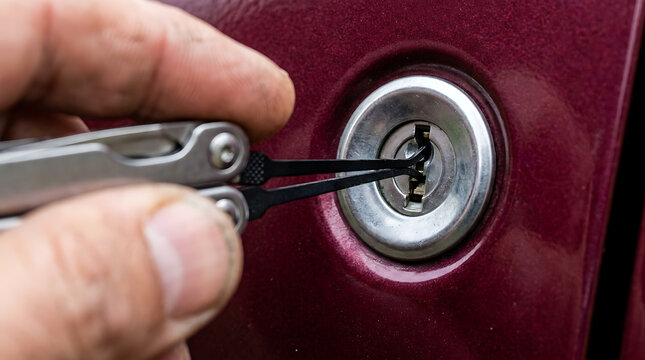 Hand using a lockpicking tool to open a car door lock representing a security breach or locksmith service
