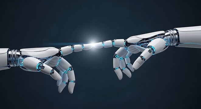 Two robotic hands with blue circuits and a glowing connection point touching fingertips on a dark.