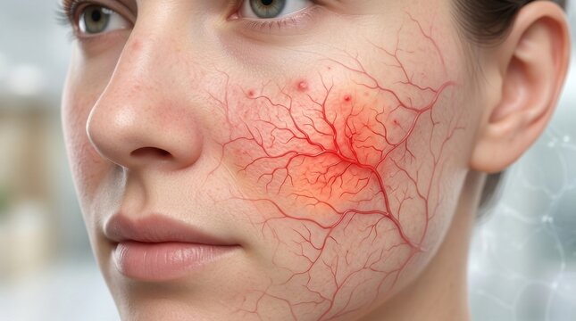 Close-up of a woman's face showing visible capillaries and acne blemishes
