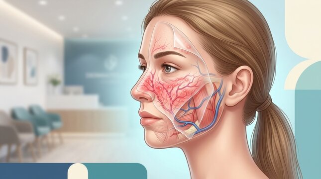 Close-up anatomical illustration of a woman's face showing vascular network and skin conditions