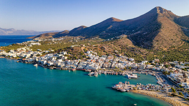 High angle aerial view of Elounda town and harbor on the island of Crete, Greece