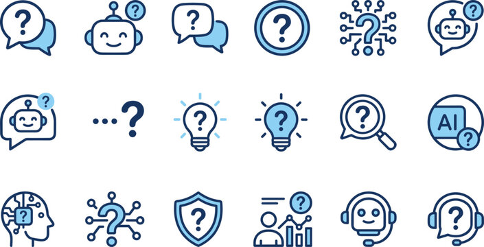Artificial intelligence chatbot assistant help and faq blue line vector icon set collection for user interface design