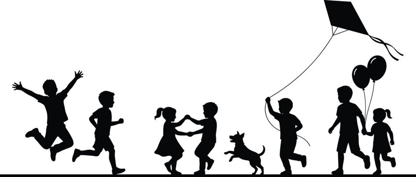 Children Playing Outdoors Silhouette Scene with Kite Balloons Running Kids and Pet Dog Vector Illustration