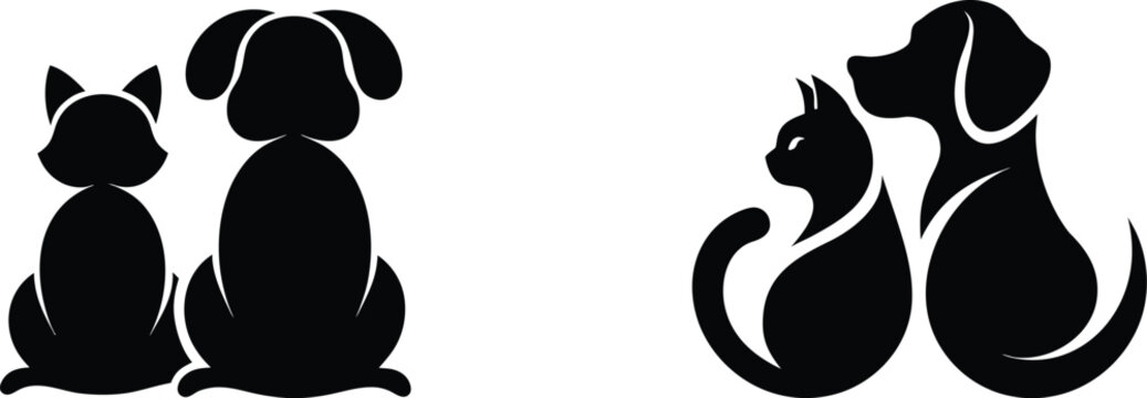 Dog and cat silhouette vector illustration, animals friends vector isolated on transparent background.