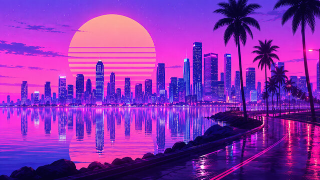 vaporwave background with tropical night cityscape