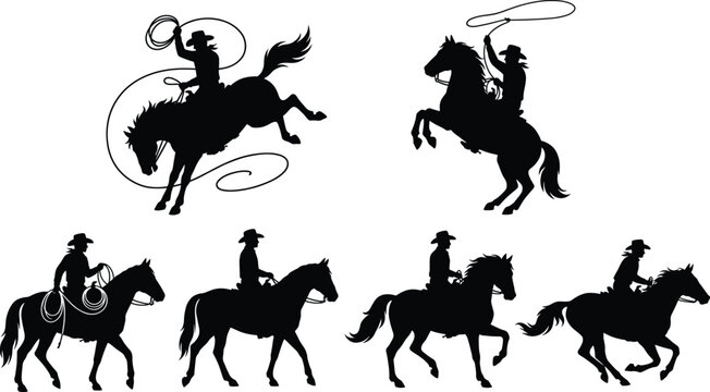 Set of black western cowboy silhouettes riding horses and throwing lasso in rodeo actionSet of black western cowboy silhouettes riding horses and throwing lasso in rodeo action