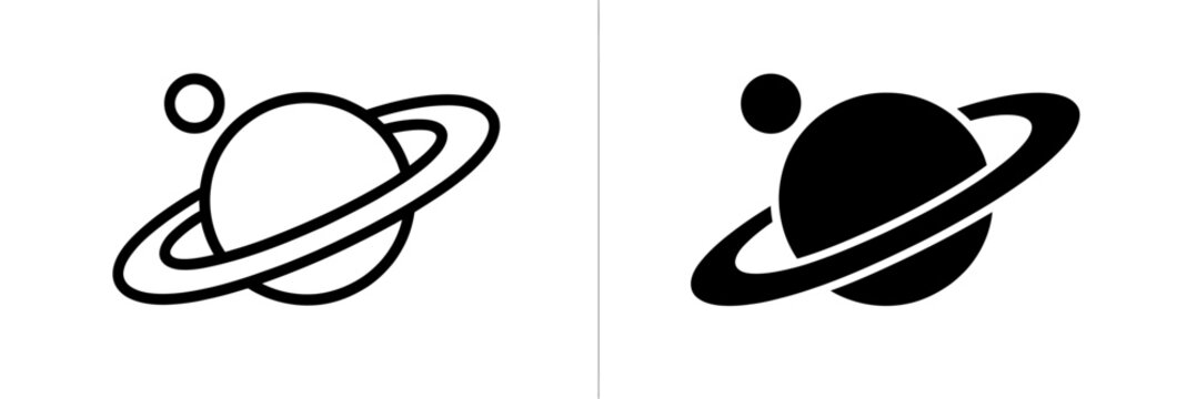 Simple black and white planet icons with rings and moons in space