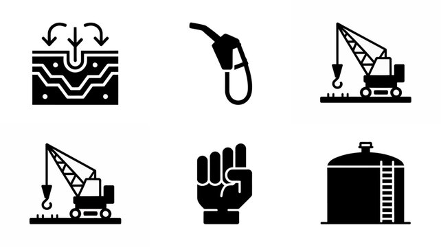 Black and white icons of industrial and construction vehicles and symbols  industrial and construction icons
