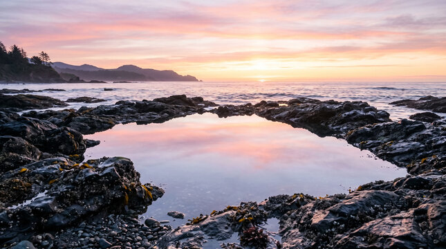 Pastel Sunrise Reflections In Calm Tidal Pool On Rocky Shore For Peaceful Coastal Decor