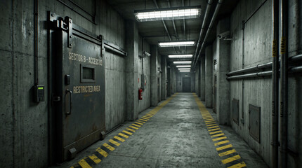 Naklejka premium Industrial Hallway In High Security Facility With Reinforced Concrete And Yellow Hazard Markings