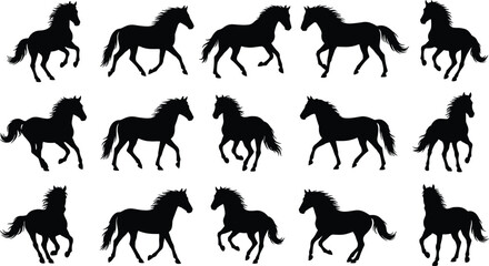 Fototapeta premium Running Horse Silhouette Collection Featuring Wild Stallion Poses for Equestrian and Western Design Illustration Set
