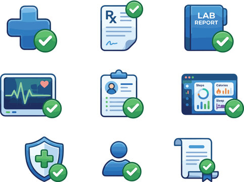 Medical healthcare validation icon set with approved checkmark badges for lab reports pharmacy prescriptions and clinical data