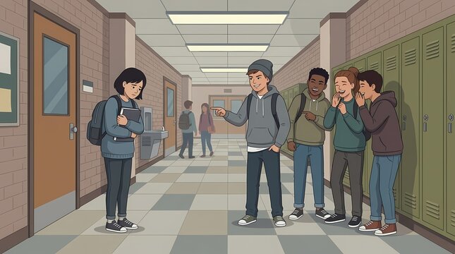 Illustration of a group of teenagers bullying a girl in a school hallway.