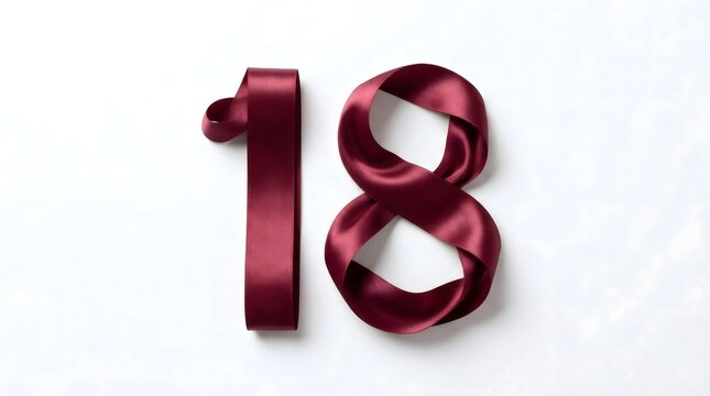 Elegant number eighteen made from red satin ribbon on white background