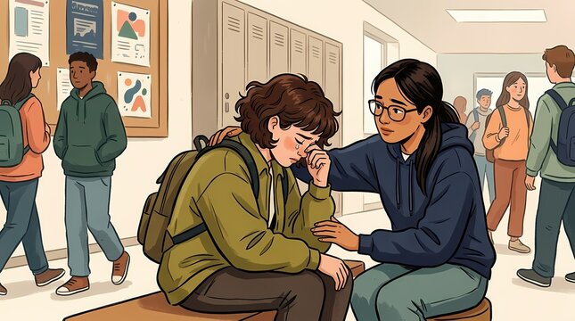 A supportive student comforts a sad classmate in a busy school hallway.