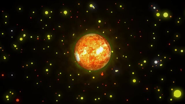 Sun animation with bright orange glowing corona. Sun solar celestial body in dark space. Sun abstract planetary science and astronomy background graphic on black.