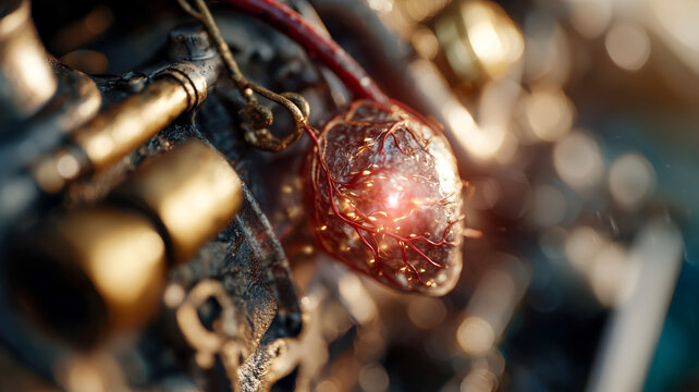 Macro shot of glowing heart on vintage machinery symbolizing innovatio