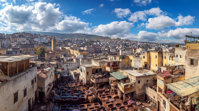 Panoramic view of the famous tanneries in Fez with many colors.