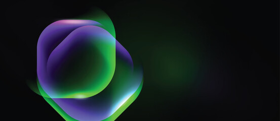 Naklejka premium Abstract glowing shapes overlap, creating vibrant purple, green hues against dark background. Soft light radiates outward.