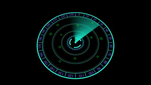 Radar scanning animation on futuristic hud. Radar scanning digital tracking interface. Radar scanning technology monitoring graphic on black background for security.