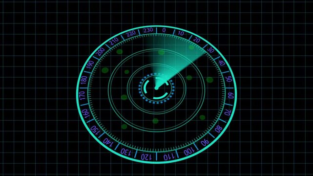 Radar scanning animation with digital beam. Radar scanning futuristic hud interface. Radar scanning technology monitoring graphic on black background for security.