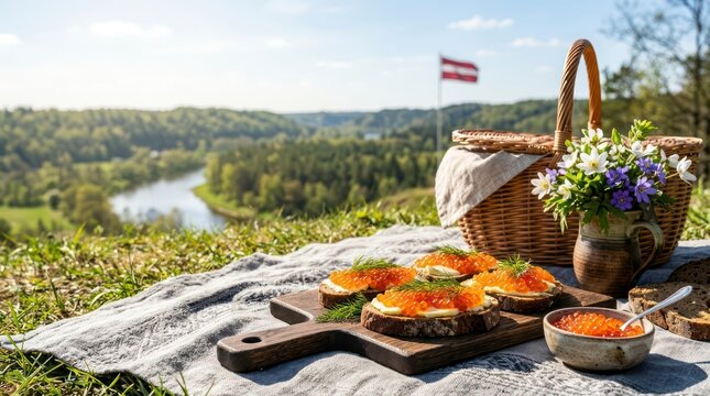 Elegant spring picnic setting overlooking the lush, rolling hills of the Gauja River Valley near Sigulda, Latvia, on a bright May 1st afternoon