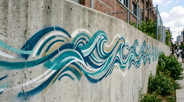 Stenciled ocean waves mural on a concrete wall in an urban environment, outdoor viewpoint