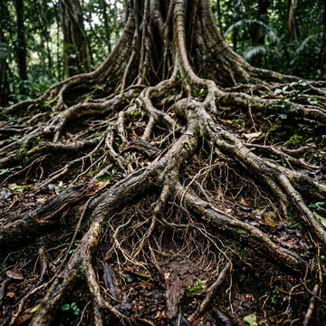 Intricate Ficus Root System Emerging from Dark Fertile Soil for Botanical Nature Photography Lovers
