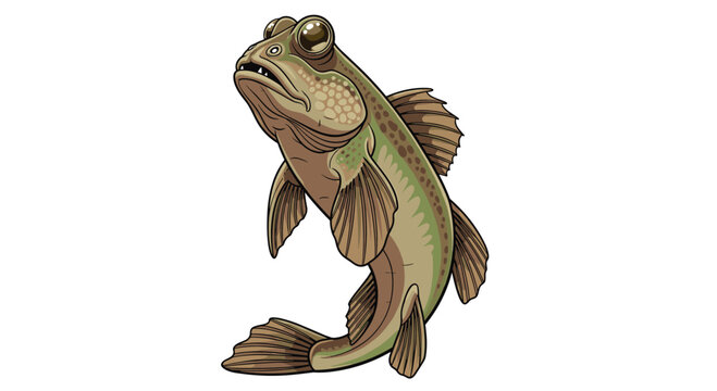 Unique mudskipper fish illustration, showing its prominent eyes and strong pectoral fins used for moving on land, isolated on white.
