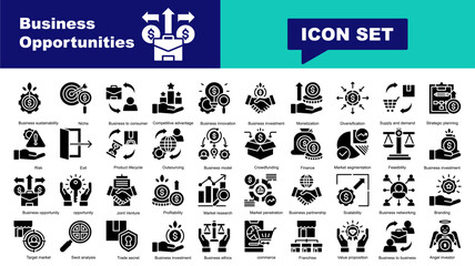 Fototapeta premium Business Opportunities icon set. Vector icons for Business sustainability, Target market, Business to consumer, Competitive advantage, Business innovation, Trust, Monetize, Diversification, Purchases,