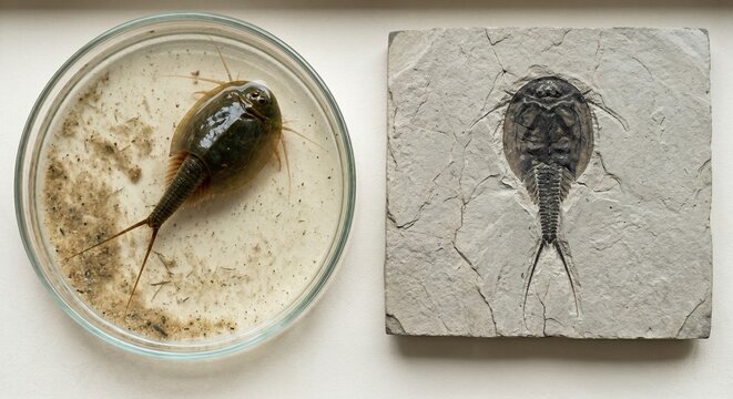 Conceptual composite comparing living tadpole shrimp with ancient stone fossil