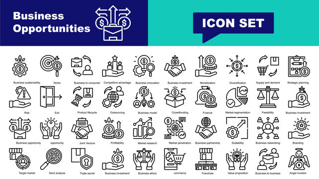 Business Opportunities icon set. Vector icons for Business sustainability, Target market, Business to consumer, Competitive advantage, Business innovation, Trust, Monetize, Diversification, Purchases,
