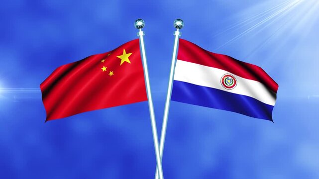 China and Paraguay Flag Waving On Pole Loop