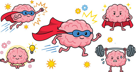 Super Brain Mascot Character Set Featuring Superhero Brain Flying Running Lifting Weights and Meditating for Mental Health Intelligence Power and Cognitive Wellness Concepts © Sanjida
