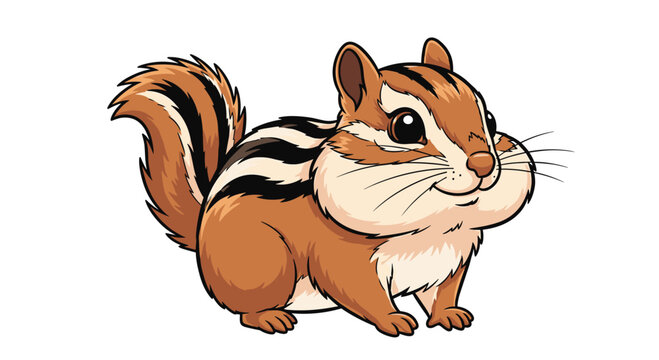 Playful cartoon chipmunk illustration, featuring its distinctive striped back, full cheeks stuffed with food, and bushy tail, isolated on white.