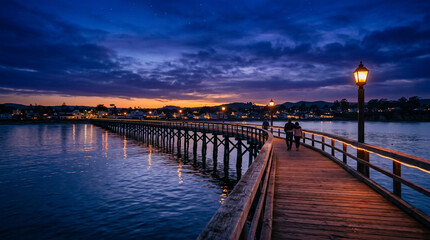 Fototapeta premium Atmospheric boardwalk at twilight under rich indigo skies with cinematic coastal evening ambience