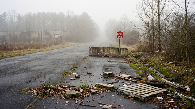 Dead End Road With Scattered Debris And Soft Fog Creates Hyperreal Cinematic Urban Mystery Scene