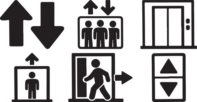 Elevator and Lift Direction Icons Set Black and White Vector Collection