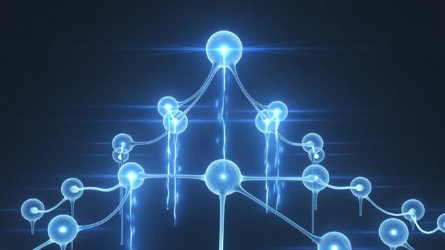 Network of glowing blue neurons arranged like a corporate org chart, central CEO node sending signals to departments. 