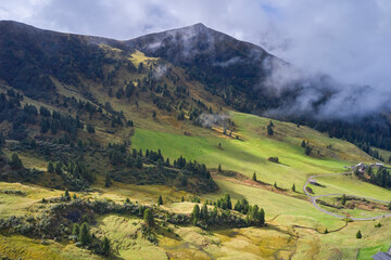 Obraz premium Aerial view on the autumn meadows of Seiser Alm. The Dolomite Alps, Italy