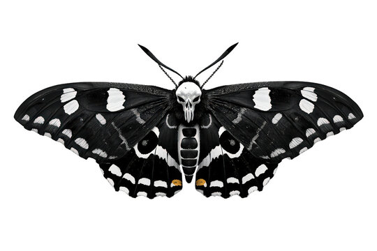 Death's-head hawkmoth with skull motif on thorax representing mortality and mystery, wings spread, transparent background