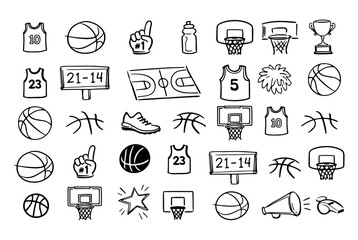 Fototapeta premium Basketball Doodle Icons Collection with Hand Drawn Sports Elements