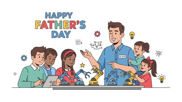 Father's Day Innovation: A father, surrounded by children, explains robotics. Demonstrating engineering with playful machines, in a vibrant and inspirational scene for Father's Day.