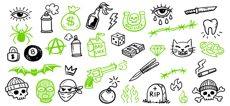 Grunge Doodle Icons Set with Punk Symbols and Hand Drawn Urban Elements