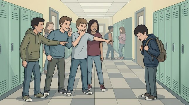 School Bullying Illustration Showing Students Teasing a Peer in a Hallway.
