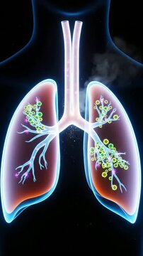 Holographic Animation Illustrating Allergic Asthma and Detailed Airway Structure with Neon Neon Colors and Dynamic Visual Effects