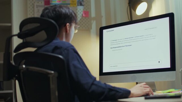 Modern man freelancer using AI voice assistant to make hands-free searches while working remotely, boosting productivity, embracing smart technology in a flexible work environment
