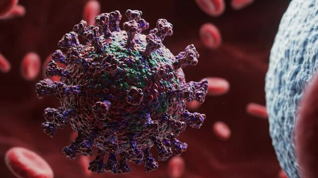 Orthohantavirus,symptoms, Rodent,treatment, Microscopic Virus Cell Floating in Bloodstream with Red Blood Cells Illustration for Medical Research, Healthcare Education & Scientific Presentations (EPS)