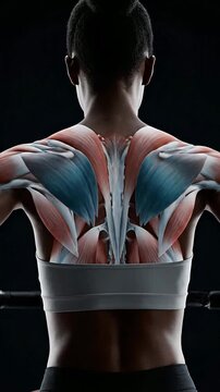 Holographic Scan Demonstrating Upper Back Muscle Engagement During Rowing Exercise With Anatomical Highlighting and Muscle Detail